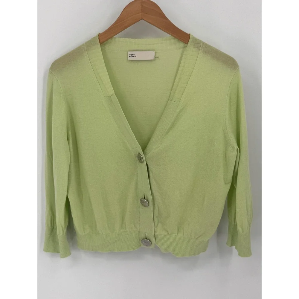 Tory Burch Cardigan Women M Lime Green Cotton Logo Button Cropped Sweater